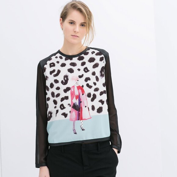 Zara Sheer Cheetah Pullover Aqua Top EUC L - Picture 1 of 9